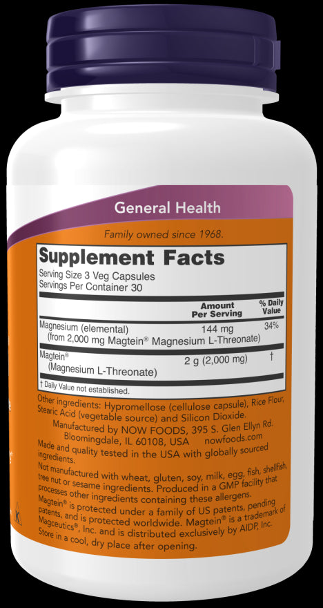 Image of Magtein Magnesium L-Threonate 90vcaps supplement facts