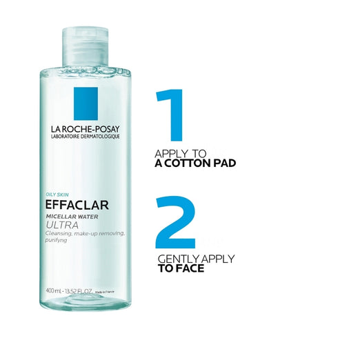 Effaclar Micellar Water 400ml shown with usage information
