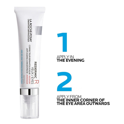 Redermic R Retinol Eye Cream 15ml shown with usage information
