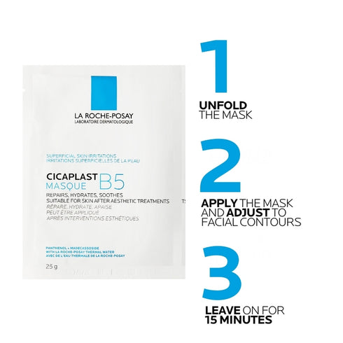 Cicaplast B5 Repairing & Hydrating Sheet Mask shown with usage information