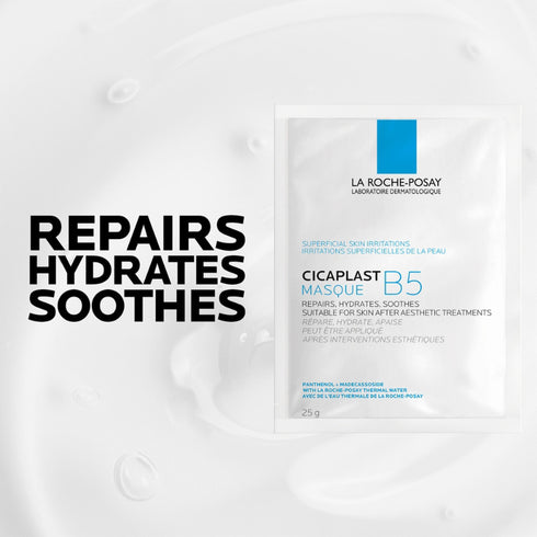 Cicaplast B5 Repairing & Hydrating Sheet Mask shown with usage information