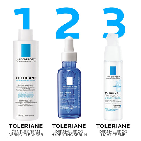 Toleriane Ultra Dermallergo Hydrating Serum 30ml shown with usage information