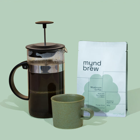 Mynd Brew coffee bag beside a plunger and mug