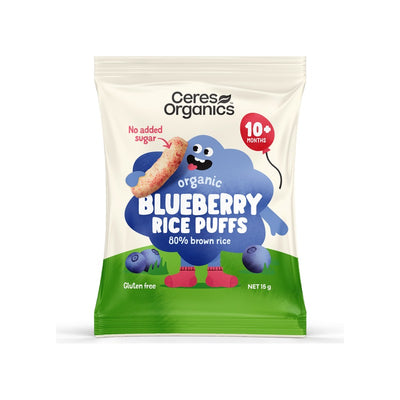 Ceres Organics Organic Baby Rice Puffs, Blueberry 15g, front of pack