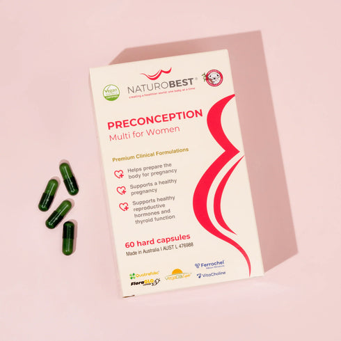 Naturowest preconception multi for women supplement package with capsules on a pink background