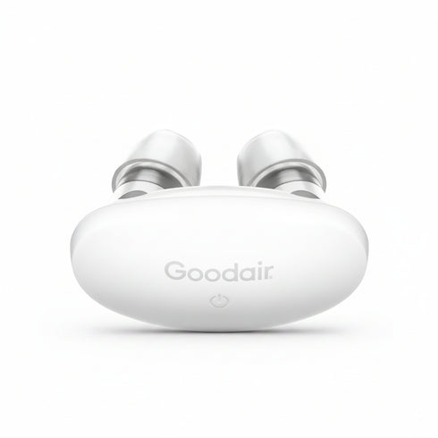 Goodair Nosebuds close up, showing the two buds and the Goodair charging case