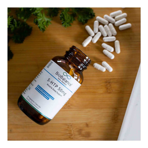 Image of 5-HTP 50mg capsules on table