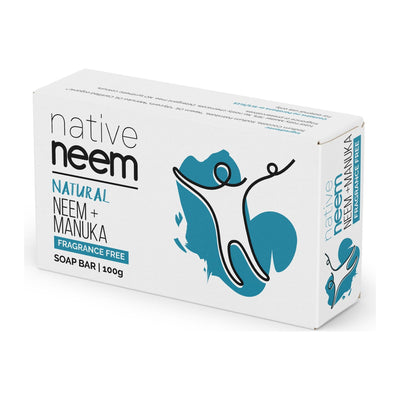 Native Neem and Manuka Fragrance-Free Soap Bar 100g, boxed, front of pack