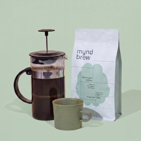 Mynd Brew 500g coffee bag beside a plunger and mug