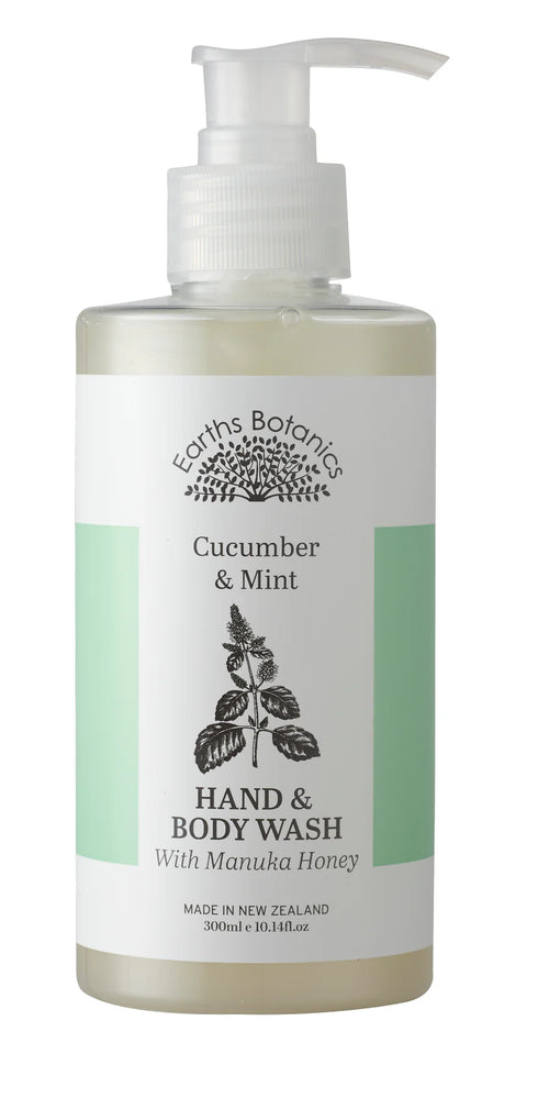Bottle of Earths Botanics Cucumber & Mint Hand & Body Wash with pump on a white background