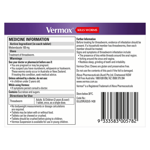 VERMOX Chocolate Chews Tabs 4s-Matakana Pharmacy-Matakana Pharmacy