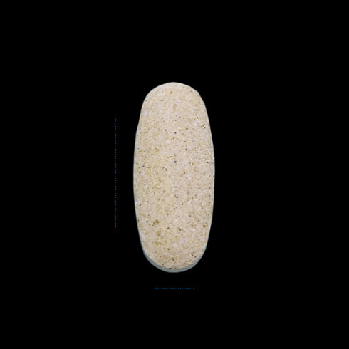 Image of caplet. It is 0.875 inches in length and 0.25 inches in width. Color is yellow-brown.