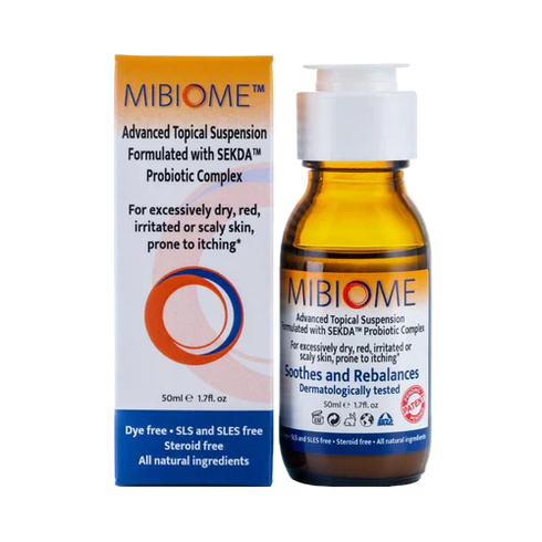 Image of the bottle and box of the MiBiome 50ml topical solution