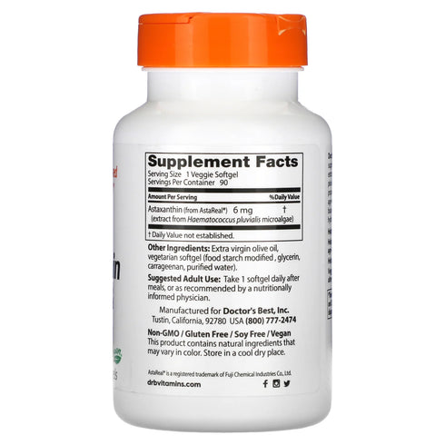 Image of the back of the bottle of Astaxanthin 6mg 90sgcaps showing ingredients and dosage information.