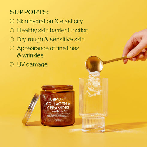 mage showing the benefits of taking bepure collagen ceramides. These include skin hydration and elasticity, a healthy skin barrier function, supports dry, rough & sensitive skin and other benefits.