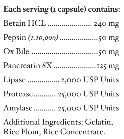 Ingredients include Betain, Pepsin and others