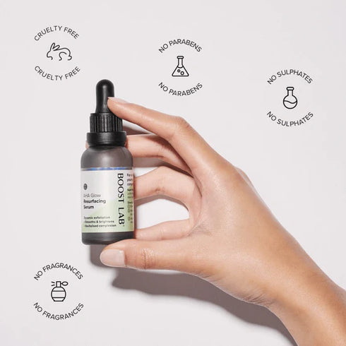 image showing no nasties in the formula for BOOST LAB AHA Glow Resurfacing Serum 30ml