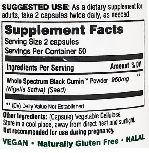 Image of the suggested use and supplement facts on the side of the bottle of Black Seed Original Plain 100caps
