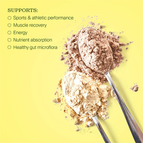Spoonful of protein powder with health benefits listed on a yellow background