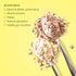 Spoonful of protein powder with health benefits listed on a yellow background