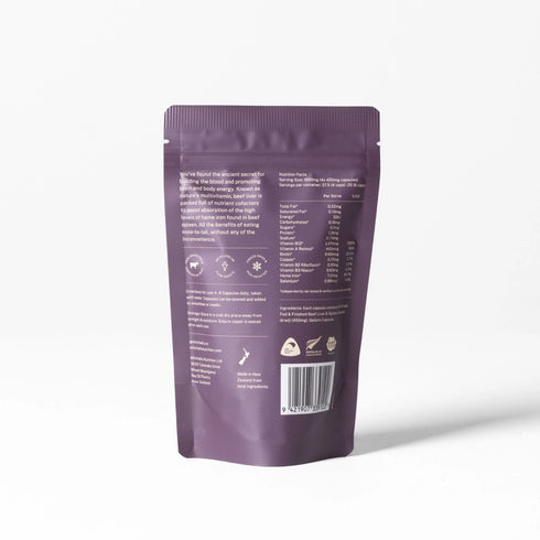 Image of Beef Liver & Spleen Capsules Refill Pouch back of packet