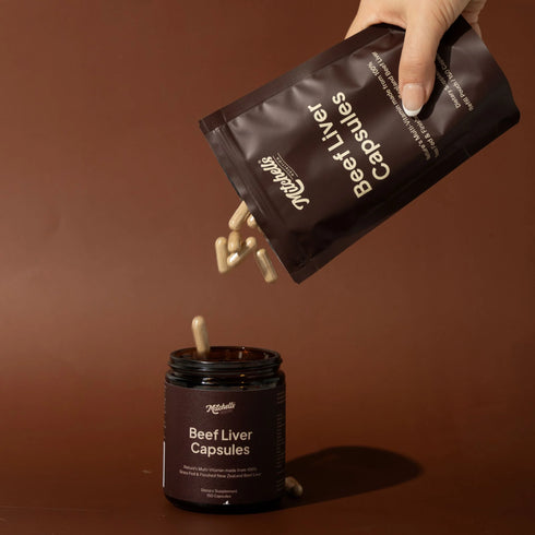 Image of Beef Liver Capsules Refill Pouch being poured into jar