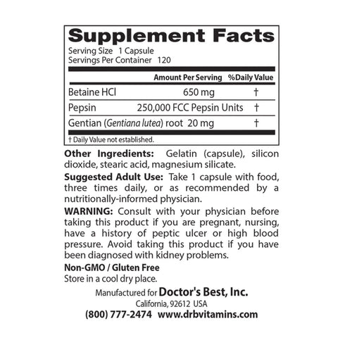 Betaine HCI Pepsin & Gentian Bitters 120 Capsules