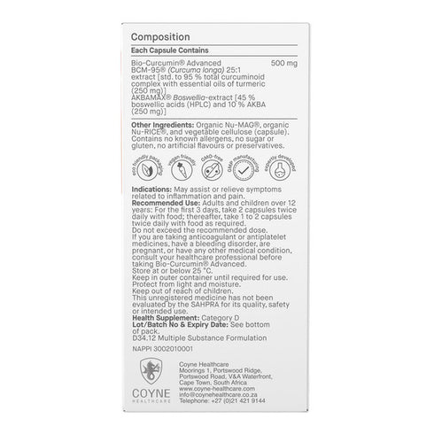 Biomax Bio-Curcumin BCM-95 400mg 30 Capsules, back of the carton showing the ingredient panel and directions