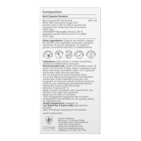 Biomax Bio-Curcumin BCM-95 400mg 60 Capsules, back of the carton showing the ingredient panel and directions