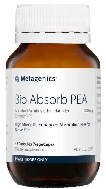 Image of Metagenics Bio Absorb PEA 42 capsules in a brown glass bottle with white label and white plastic lid