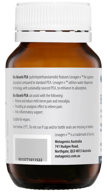 Image of the rear of the Bio Absorb PEA bottle showing how PEA can assist with relieving or reducing mild nerve pain