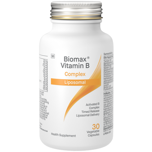 Image of the white bottle of BioMax Liposomal Activated B Complex 30caps