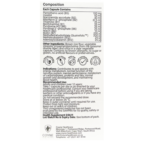 Image of the back of the box in which the BioMax Liposomal Activated B Complex 30caps bottle comes in. This shows supplement facts and dosage instructions.