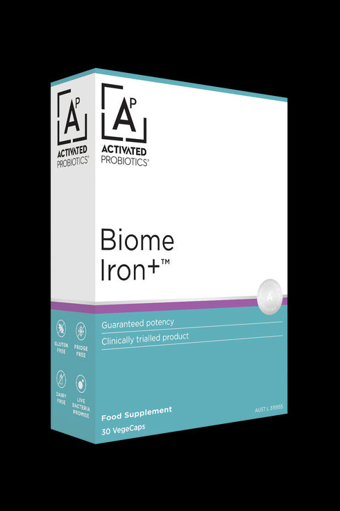 Image of the front of the box of Biome Iron+ Probiotic 30caps