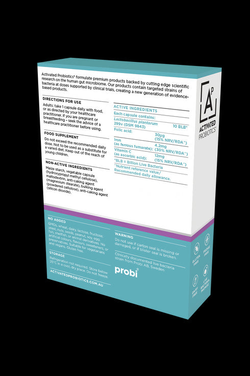 Image of the back of the box Biome Iron+ Probiotic 30caps