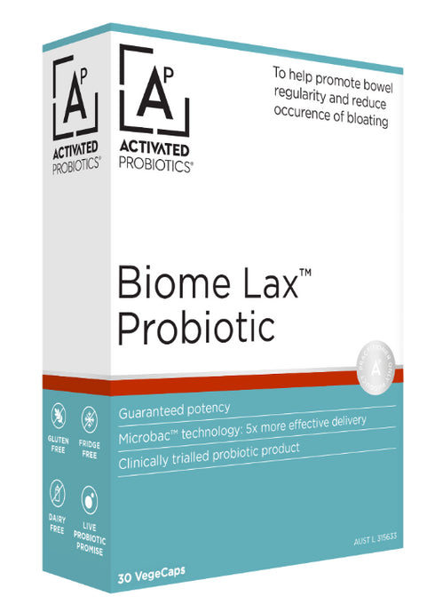 Image of the front of the box of Biome Lax Probiotic 30caps
