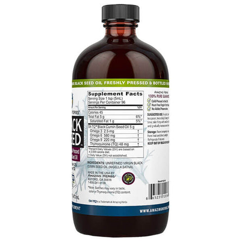 Image of the supplement facts on the side of the glass bottle of Black Seed Oil Premium Liquid 473ml