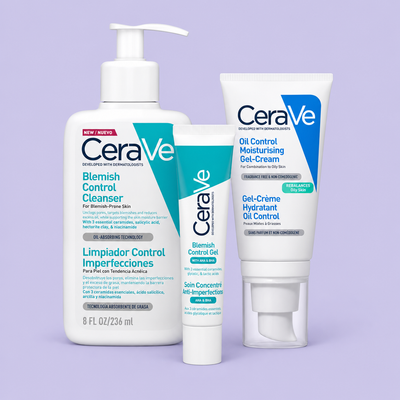 CeraVe Blemish-Prone Routine, the Blemish Control Cleanser, Blemish Control Gel and Oil Control Moisturising Gel-Cream together on a lilac background