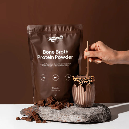 Image of Bone Broth Protein Chocolate Powder made into drink