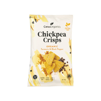 Ceres Organics Organic Chickpea Crisps, Turmeric & Black Pepper 100g, front of pack