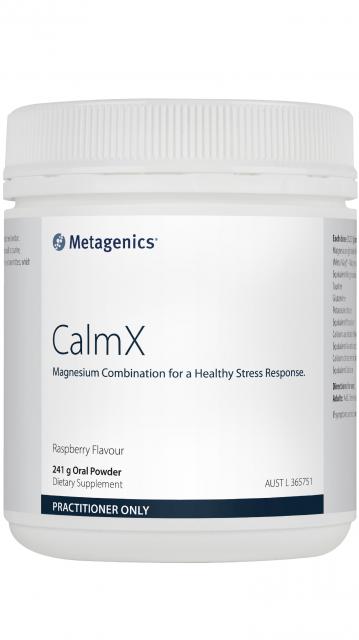 Image of CalmX Raspberry 241g by Metagenics white plastic container with white label