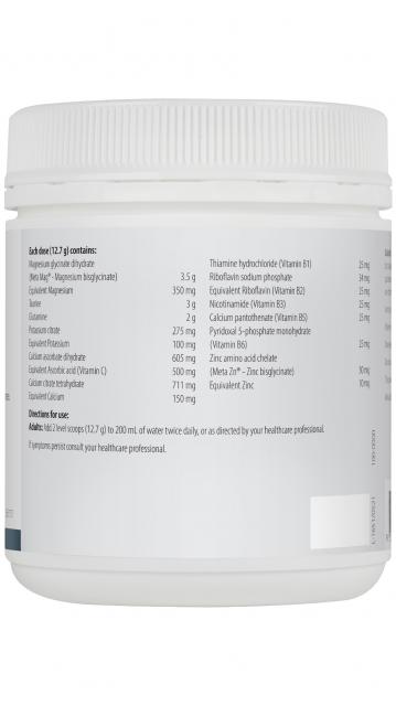 Image of the side of the CalmX Raspberry 241g plastic container showing ingredient details