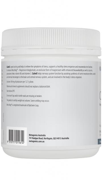 Image of the rear of the container of CalmX Raspberry 241g my Metagenics showing how CalmX may help support symptoms of stress, sleep issues, anxiety using Magnesium.