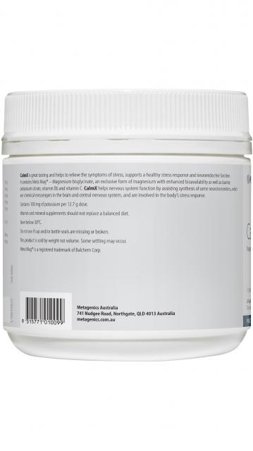 Image of the rear of the container of CalmX Tropical 241g my Metagenics showing how CalmX may help support symptoms of stress, sleep issues, anxiety using Magnesium.