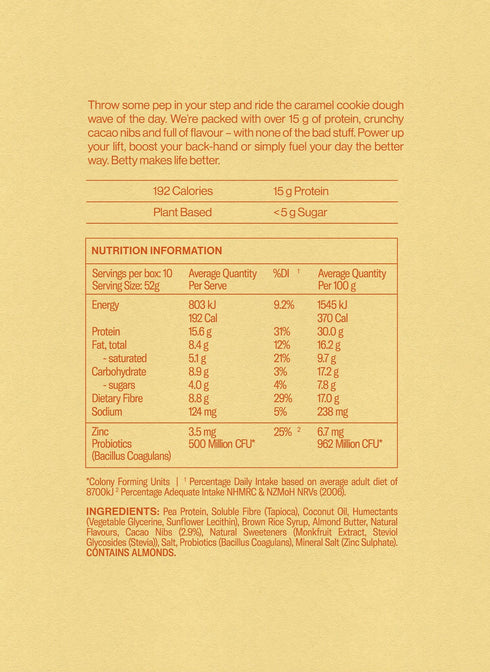 Betty Caramel Cookie Dough Protein Bar nutrition information panel and ingredients