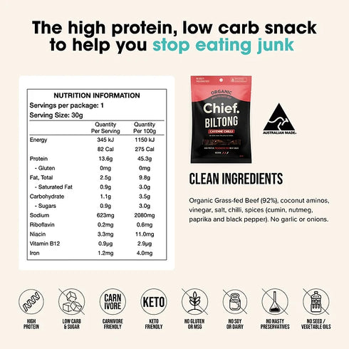 Chief Nutrition Biltong Beef Cayenne Chilli 90g Sachet