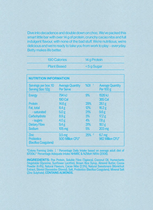 Betty Chocolate Fudge Protein Bar nutrition information panel and ingredients