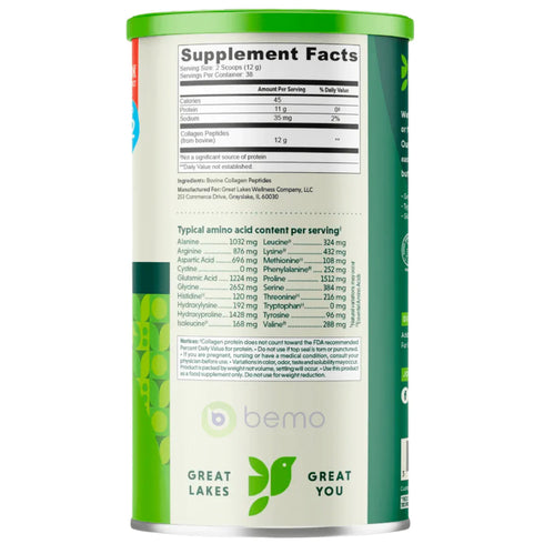 Image of supplement facts on the side of the Collagen Hydrolysate Unflavoured Powder 454g