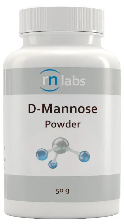 Image of white plastic bottle of D-Mannose by RNLabs. Bottle contains Ultra-pure pharmaceutical grade D-Mannose powder, for extemporaneous prescribing. 1ml scoop included.