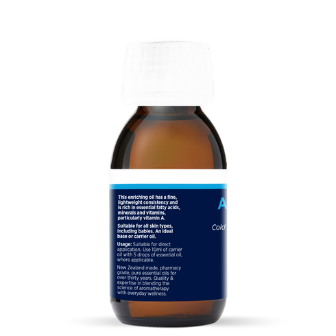 Apricot Kernel Oil 100ml, side of the bottle showing the botanical name and directions